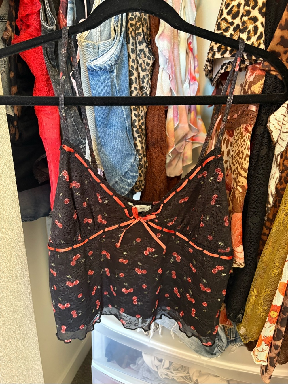 Black Cherry-Print Spaghetti Strap Cami Top